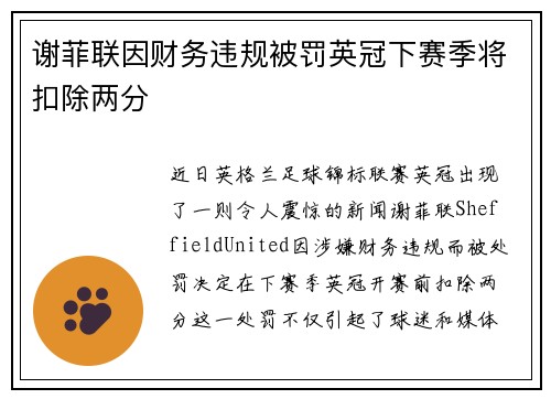 谢菲联因财务违规被罚英冠下赛季将扣除两分